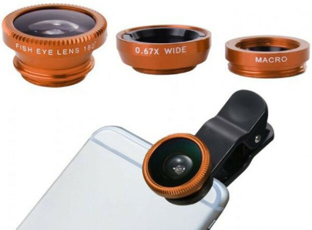 Kit Lentile Foto iUni 3-in-1 Macro, Wide Angle si FishEye compatibile cu Smartphone si Tableta, Auri